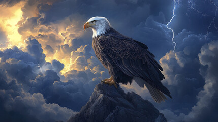 Fototapeta premium Majestic bald eagle perched on rocky outcrop under stormy skies