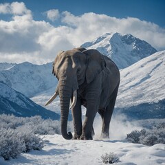 A giant elephant walking through a snowy blue and white mountain range.