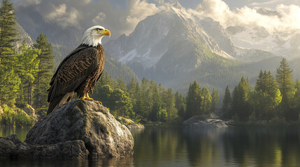 Fototapeta premium Majestic bald eagle perched on rock by serene lake surrounded by mountains