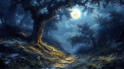 Obraz premium Moonlit forest path, ancient tree, mystical scene.