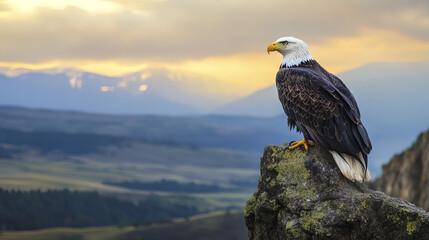 Majestic bald eagle perched on cliff, overlooking vast landscape