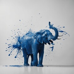 An abstract elephant shape formed with blue paint on a white canvas.