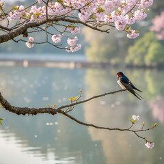 Bird perched on branch with cherry blossoms