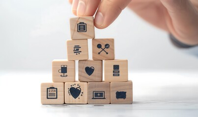 Obraz premium Constructing Trust and Care: Wooden Blocks with Health Insurance Symbols as Foundations for Tomorrow's Medicine, 信頼とケアの構築: 健康保険の象徴が描かれた木製ブロックが明日の医学の基盤としての役割を果たす,Generative AI