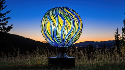Illuminated glass sphere sculpture at dusk, outdoors.