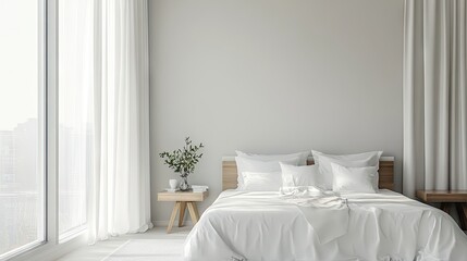 Modern bedroom interior design in a Scandinavian penthouse style with an emphasis on minimalism and elegance. This image captures a serene atmosphere with ample copy space.