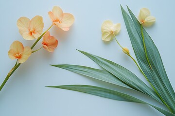 Fototapeta premium Peach and yellow orchids and green leaves arranged on a light blue background.