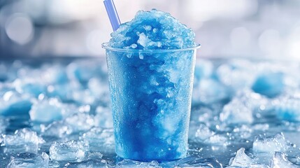 A refreshing blue slushie with textured ice captures attention, its vibrant blue drink visible in a clear container placed on the table, perfect for a cool treat.