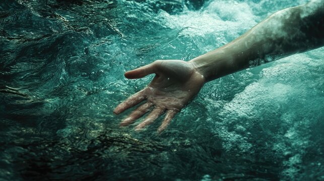 A female hand reaches out from the water, attempting to pull someone to safety, highlighting the issue of drowning. This image captures the urgency of drowning situations with space for text.