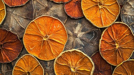 Beautifully arranged dried orange slices on a table showcase their intricate textures and warm...