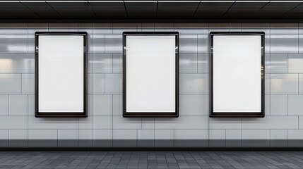 Three glossy vertical billboards stand empty against a white subway wall, providing a clear backdrop perfect for advertising. These vertical billboards offer ample copy space for any message.