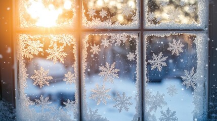 A cozy winter scene featuring frosted window panes, capturing the beauty of snowflakes and warm sunlight glowing through.