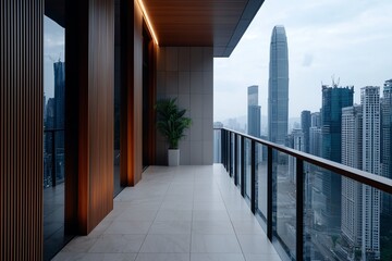 A sleek modern balcony offers a panoramic city view, showcasing contemporary architecture against a cloudy skyline.