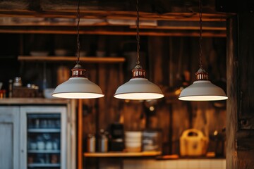 Rustic Kitchen with Warm Hanging Lights