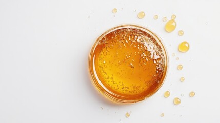 Honey on a pristine white background highlights the rich texture and color of honey. This top view image of honey offers ample copy space for various design needs.