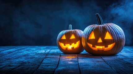 Halloween dark blue background enhances the spooky atmosphere, complementing the sinister lighting that captures the essence of Halloween. Ideal for any Halloween-themed project with ample copy space.