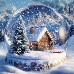 Winter wonderland scene inside a snow globe featuring a cozy cabin, snow-covered mountains, and a sleigh.