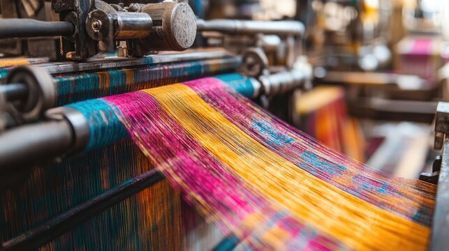 Textile machines designed for weaving silk thread, emphasizing the intricate process of creating silk fabric. Captivating details of textile machines with ample copy space for design purposes.