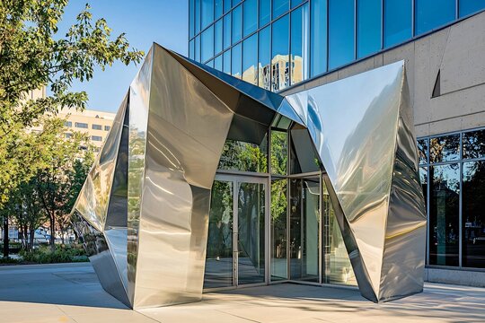 Folded aluminum features lend a bold industrial flair, highlighting innovative design in contemporary architecture with sleek lines and reflective surfaces.