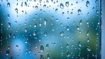 Water drops on a window create a captivating nature scene with raindrops displayed against a blue background. Water drops add texture and beauty, ideal for text copy space.
