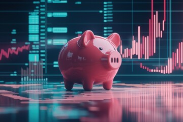 A pink piggy bank stands in front of financial graphs, symbolizing savings, investment growth, and financial planning.