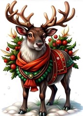 Obraz premium Cheerful reindeer in a warm scarf decorated with Christmas ornaments in a winter forest. Concept: Holiday, Festivity, Nature, Christmas Spirit. 