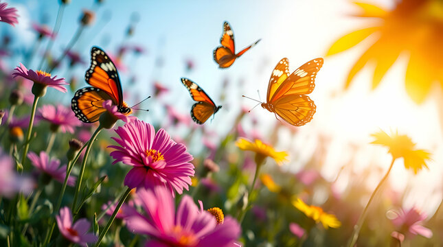A group of brightly colored butterflies fluttering around a blooming meadow, vibrant wildflowers in shades of pink