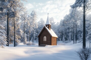 A serene wooden church nestled in a snowy forest landscape, surrounded by tall trees and a tranquil winter atmosphere.