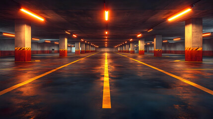 Fototapeta premium Empty Parking Garage with Fluorescent Lights 3D Illustration