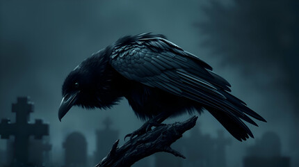 Naklejka premium A lone raven perched on a gnarled tree branch in a foggy graveyard, its glossy black feathers catching faint moonlight