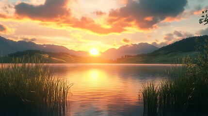 Fototapeta premium Serene sunset over calm lake and mountains.