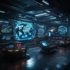 Futuristic control room with advanced holographic displays.