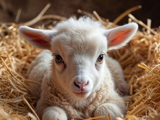 Fototapeta premium Newborn white lamb lying in golden straw bedding with an innocent expression gazing at the camera in warm golden light