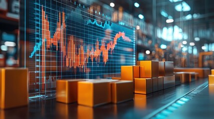 Business growth through expansion and branding concept Digital graph overlay on stacked cubes in a warehouse setting.