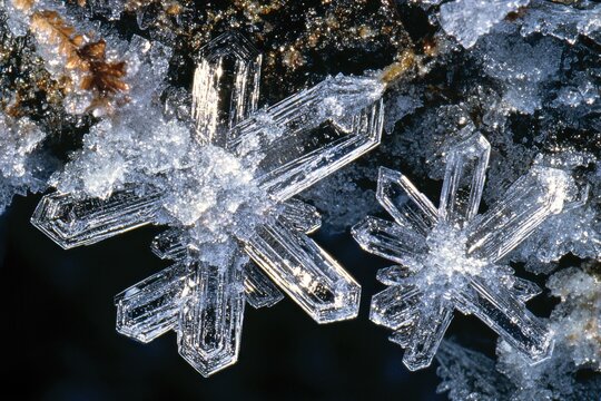Close-up of intricate snowflake structures, showcasing nature's delicate patterns and the beauty of winter scenery.