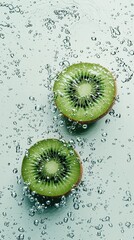 Fresh Kiwi Slices Surrounded by Sparkling Water Bubbles