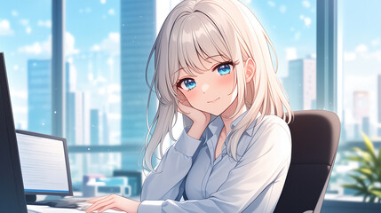kawaii anime cartoon style business woman in office work background