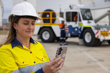 Woman in reflective clothing holding her mobile phone while standing on industrial site with crane