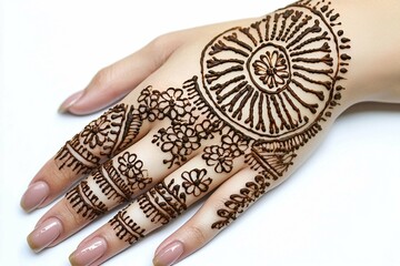 Fototapeta premium Intricate henna designs featuring floral and geometric patterns beautifully embellish a woman's hands, showcasing the artistry of traditional body art in rich brown tones.