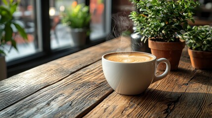A cozy coffee cup sits on a rustic wooden table, surrounded by greenery, creating a warm, inviting atmosphere.