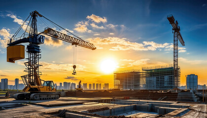 Industrial Construction Site With Tower Cranes and Sunset View