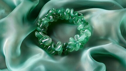 A jade bracelet elegantly showcased on soft silk highlights its intricate craftsmanship and...