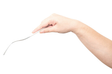 Female hand holding a silver steel fork isolated on white background.