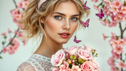 Fototapeta premium Elegant Woman With Butterflies And Roses In Blooming Garden