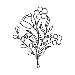Simple Floral Arrangement Line Art, Minimalist Black and White Illustration with Flowers and Leaves