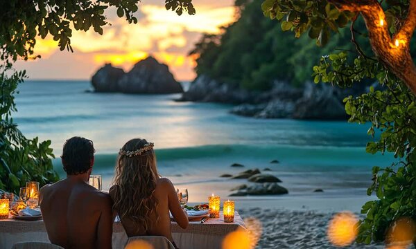 Romantic beach dinner at sunset, featuring a couple by the water.