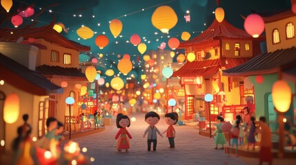 Charming lantern festival night with children in asian cultural street setting