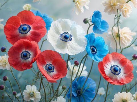 Aesthetic design vibrant red white and blue anemones on light floral background