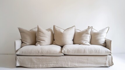 Obraz premium Cozy beige couch with plush cushions on a minimalistic background.