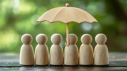 Wooden figures under a protective umbrella against a blurred green background.